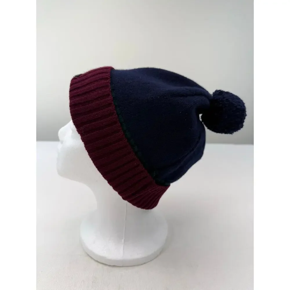 Ted Baker London Navy Burgundy Wool Pom Pom Beanie Hat 100% Wool